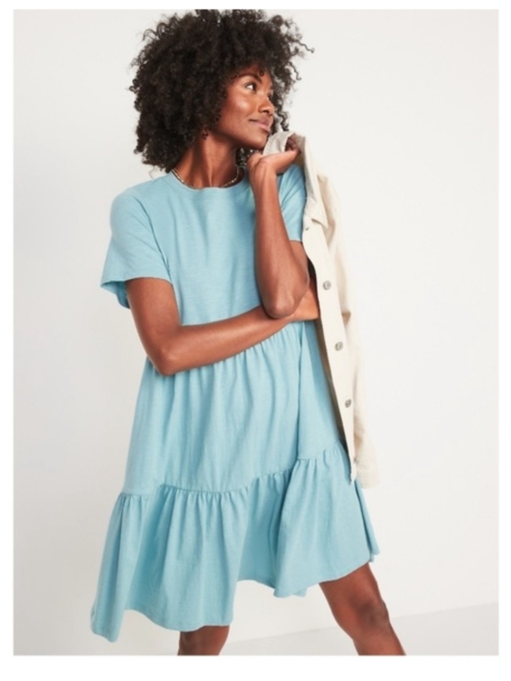OLD NAVY Short Sleeve Tiered Knit Mini Swing Dress Womens Large Blue W/Pockets